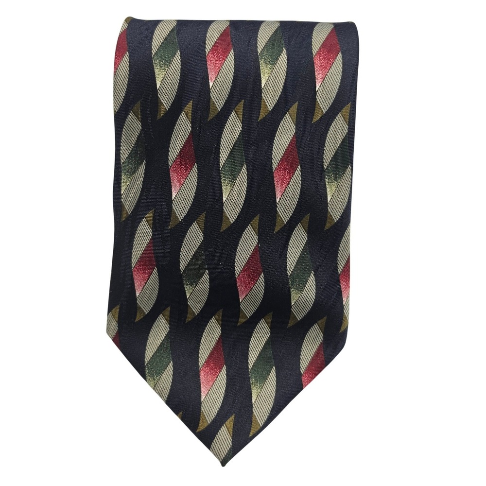 Jeffrey Scott Tie Mens OS Navy Blue Red Green Geometric Leaf Pattern Silk-Look